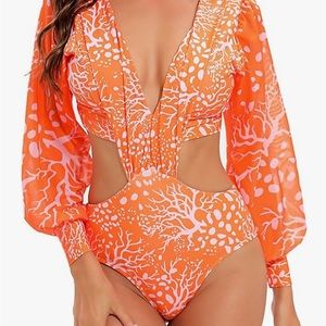 Sexy Orange/ pink printed bathing suit with sheer sleeves NEW W/O TAG